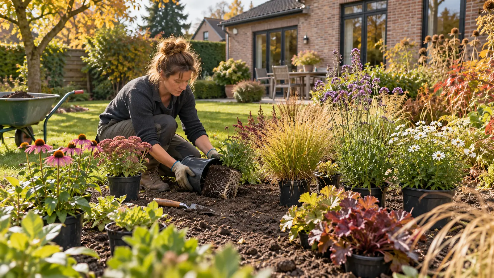Tuinier legt vaste planten in pot uit en bekijkt een wortelkluit voor het planten