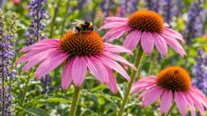 Een hommel bezoekt het open bloemhart van een roze Echinacea