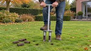 Een handbeluchter met holle pennen gebruiken op gazon