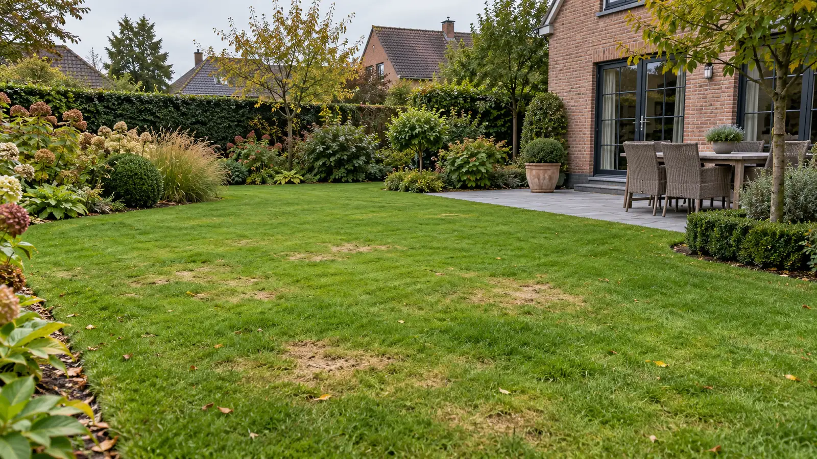 Volwassen gazon met enkele lichtbruine plekken in een Belgische tuin