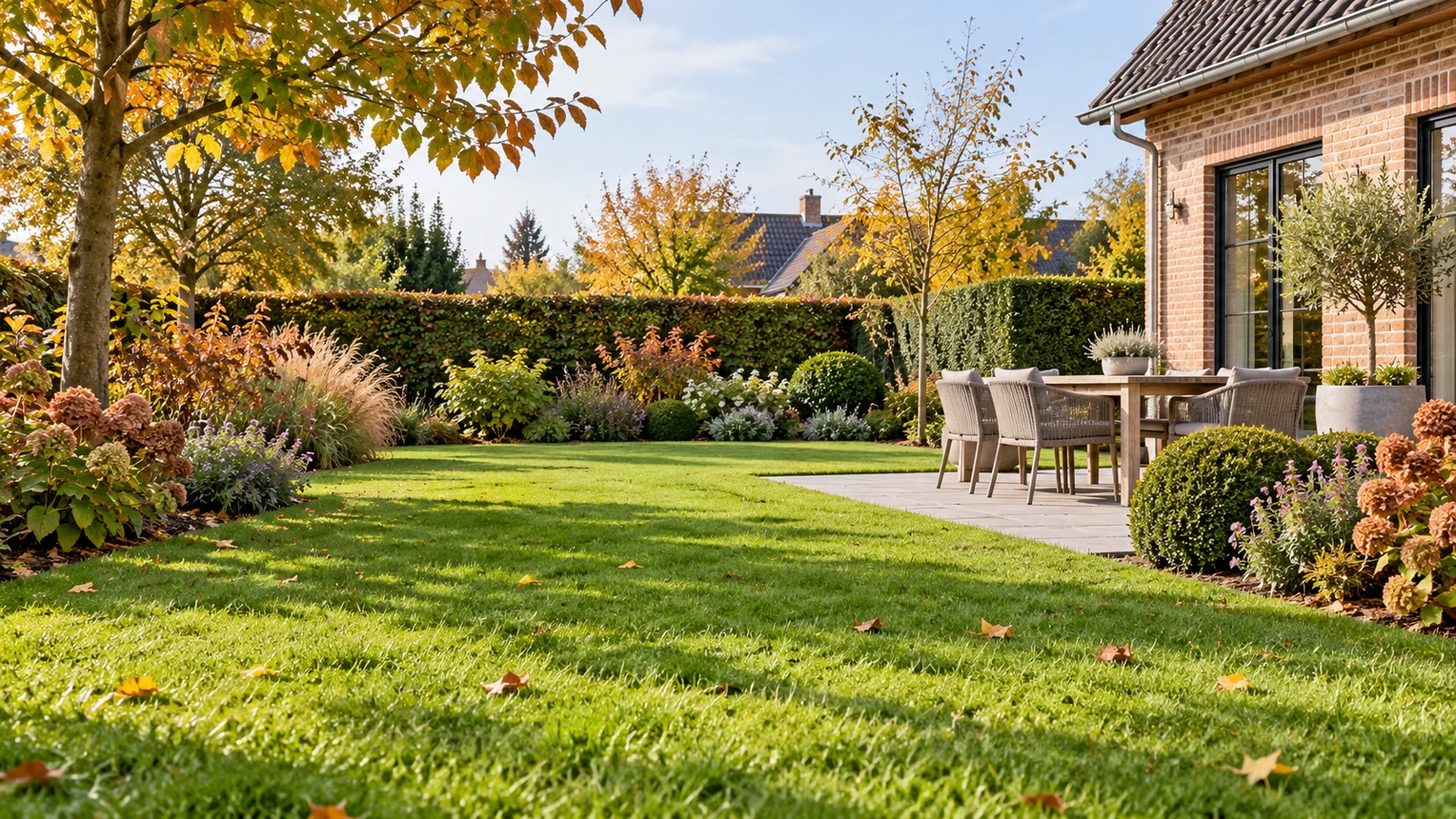 Verzorgd grasgazon met volwassen borders in een Belgische tuin