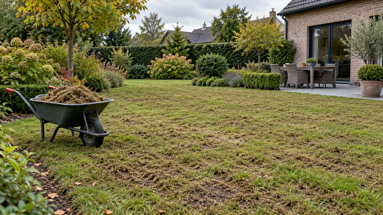 Belgisch gazon met dunne en kale zones direct na verticuteren
