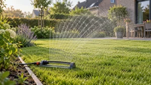 Sproeier verdeelt fijne waterdruppels gelijkmatig over een gazon