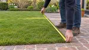 Tuinier meet alleen het grasvlak langs de rand van een terras