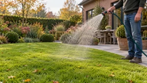 Gazon rustig water geven met een fijne sproeistraal na het bemesten