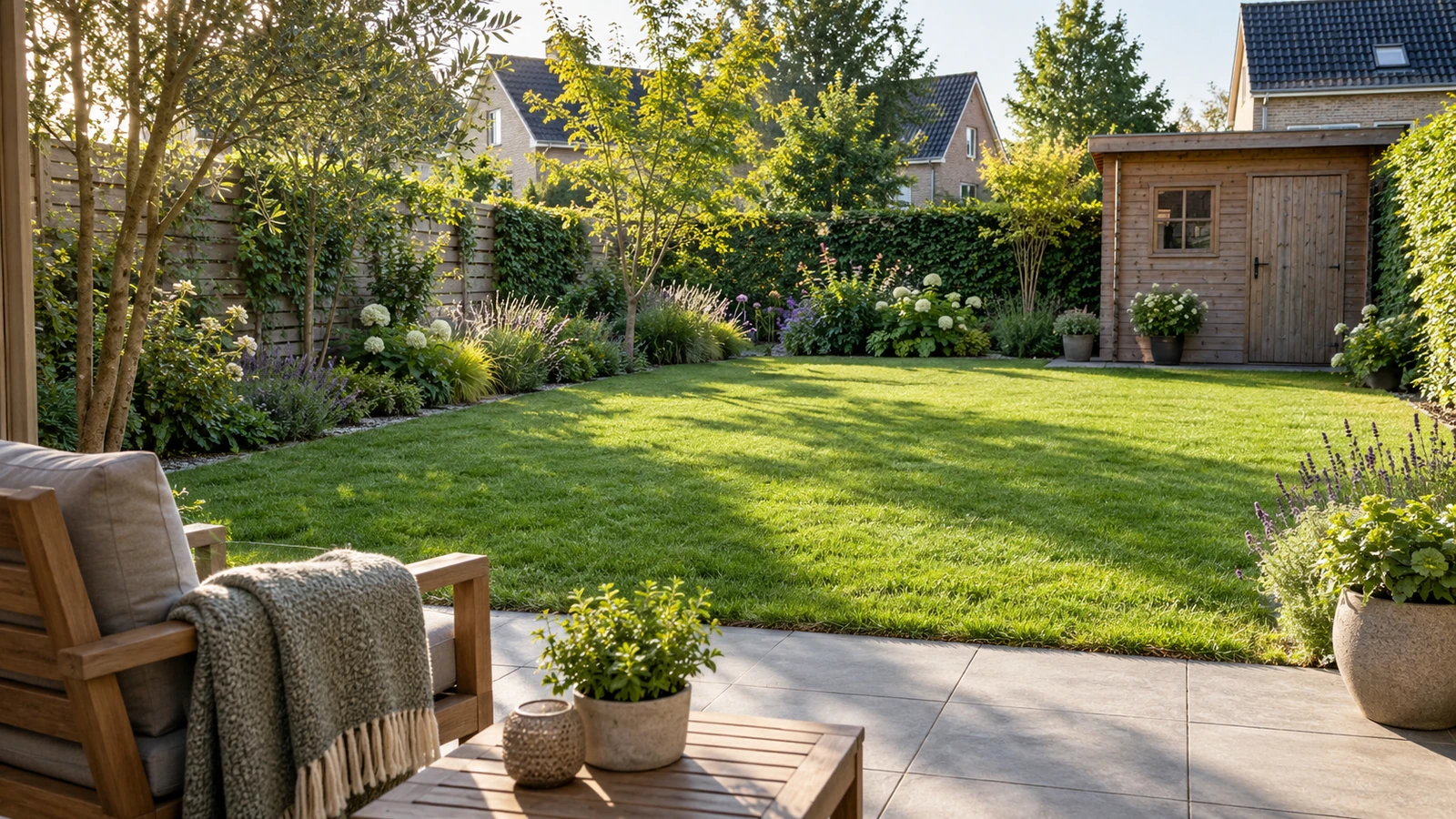 Compact groen gazon met terras, borders en tuinhuis in een Belgische tuin