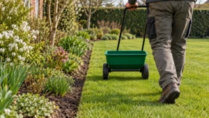 Een tuinier verdeelt gazonvoeding met een strooiwagen binnen het grasvlak