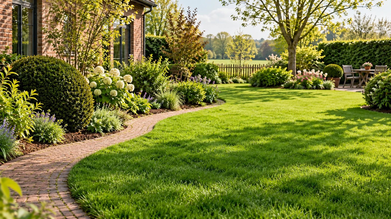Groen gazon met gebogen tuinpad en volwassen borders in een Belgische tuin