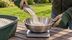 Tuinier weegt mestkorrels af om alleen de benodigde hoeveelheid te gebruiken