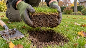 Uitgestoken gazonprofiel met gras, organische bovenlaag en grond