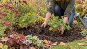 Tuinier plant een gezond deel van een vaste plantenpol terug