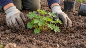 Een jonge Geranium wordt met de bovenkant van de kluit op grondniveau geplant