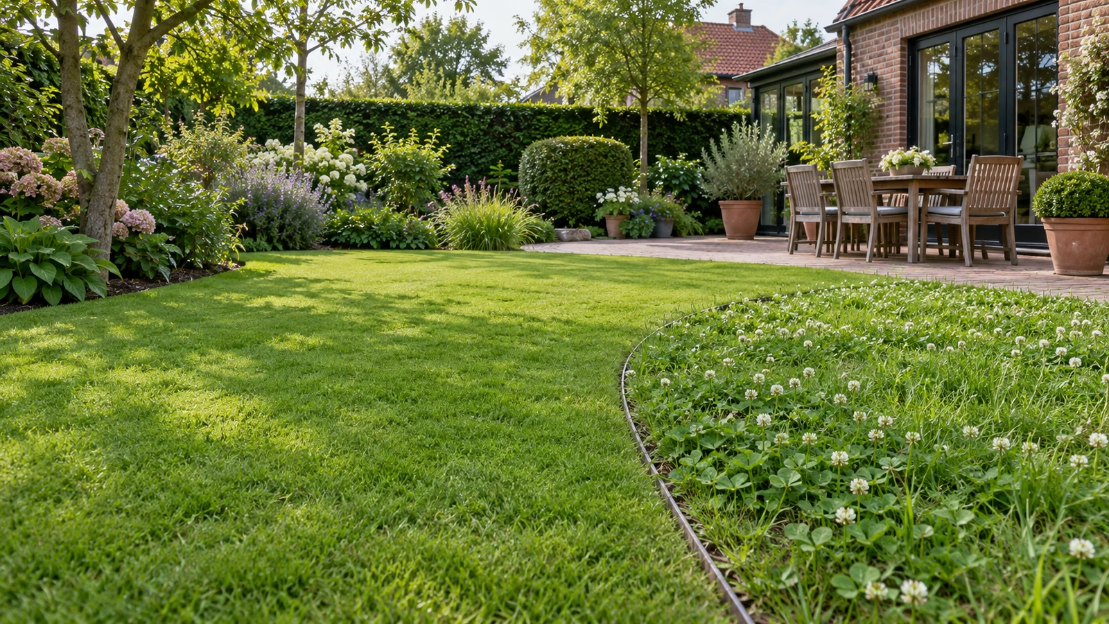 Grasgazon naast een apart vak met gras en klaver