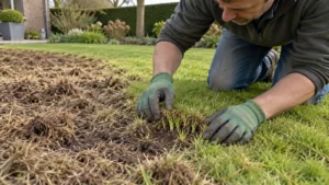 Tuinier controleert levende grasscheuten en kale bodem na verticuteren
