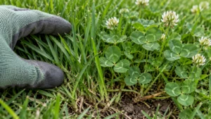 Smalle grassprieten naast driebladige witte klaver