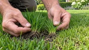 Tuinier vergelijkt grassprieten van een herstelplek met het bestaande gazon