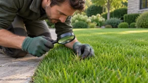 Tuinier onderzoekt grassprieten met een vergrootglas
