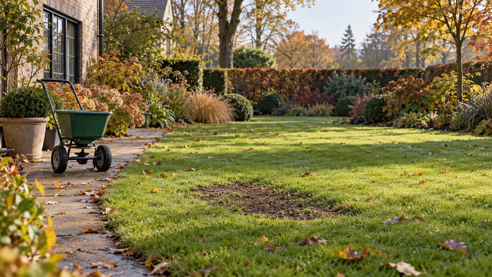 Gazon met een voorbereide herstelplek in een Belgische najaarstuin