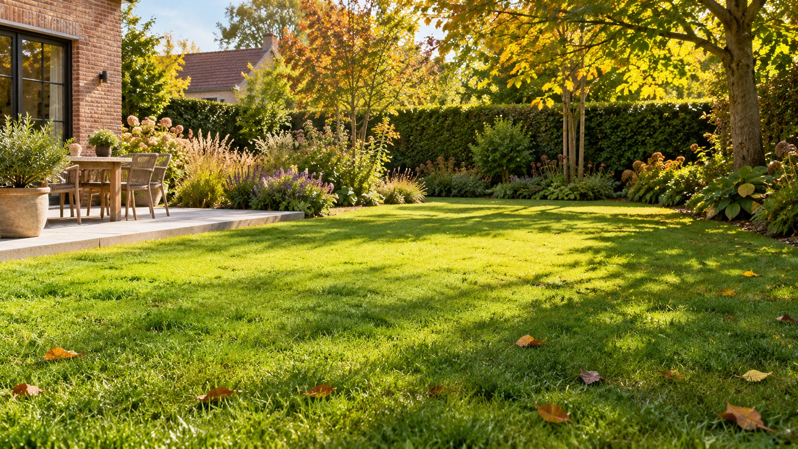 Gezinsgazon met zonnige en gedeeltelijk beschaduwde tuinzones