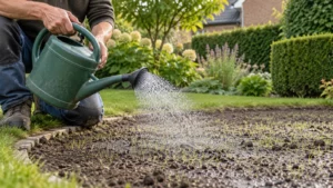 Tuinier bevochtigt een dichtgeslagen zaaibed vanaf de rand met een fijne gietbroes