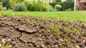 Dunne losse bodemschilfer aan de rand van een zaaibed met jonge grassprieten
