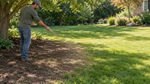 Tuinier zaait een geleidelijke overgang tussen twee gazonzones