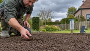 Tuinier controleert de structuur van een vlak zaaibed vóór voorspelde regen