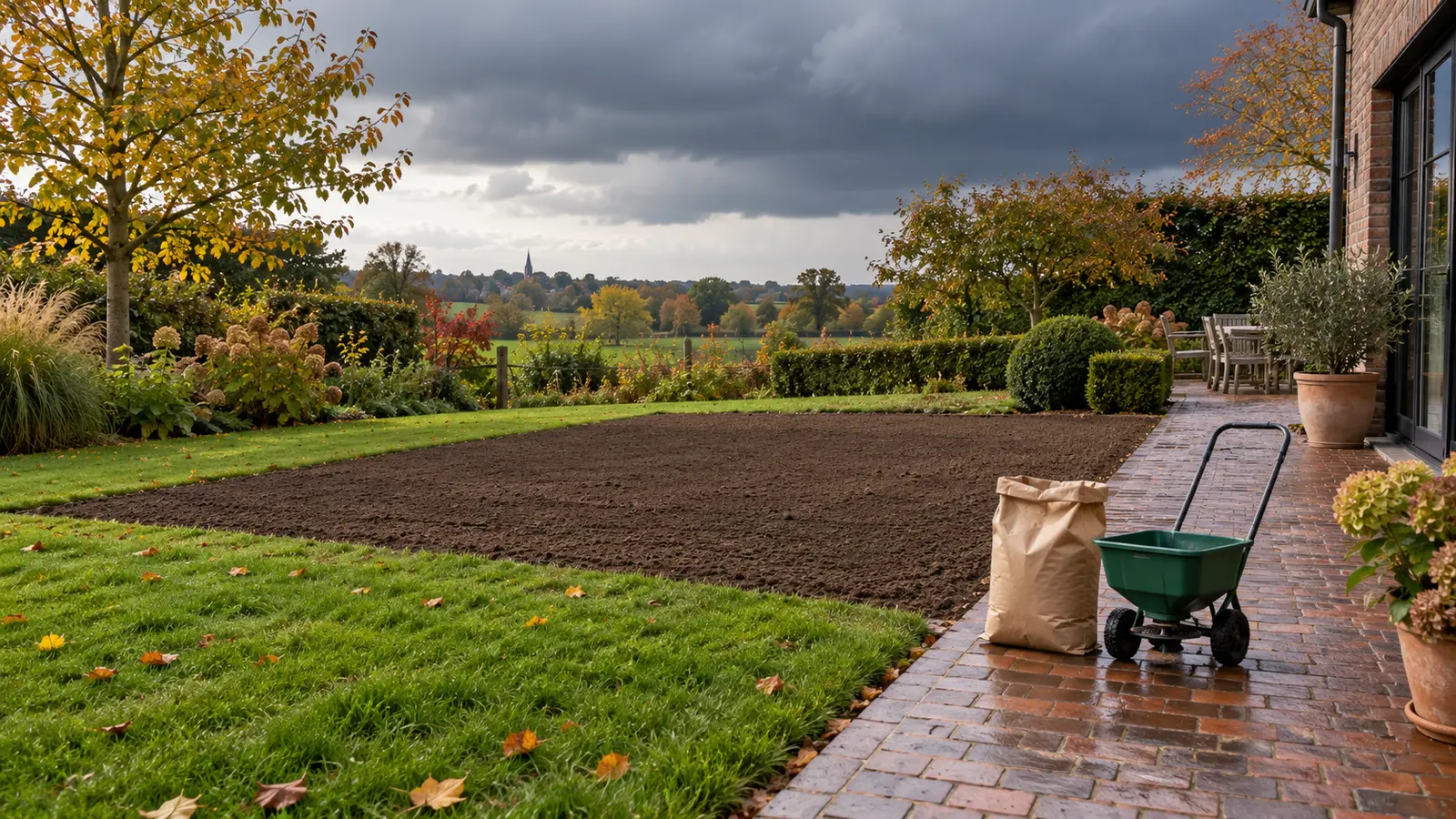 Klaar zaaibed in een Belgische tuin met donkere regenwolken op komst