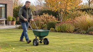 Tuinier loopt met een strooiwagen over een gewortelde jonge grasmat