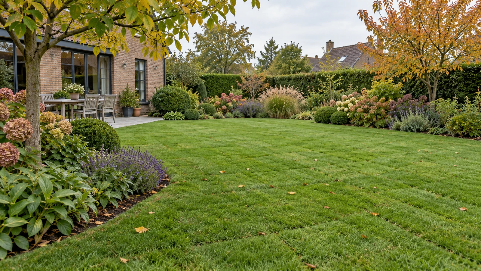 Recent aangelegde grasmat in een volwassen Belgische tuin