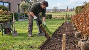 Tuinier steekt een doorlopende strook graszoden uit langs een koord