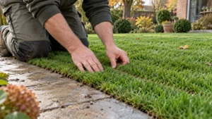 Tuinier controleert aan de rand voorzichtig of een graszode vastzit