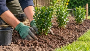 Jonge Green Spire planten met de bovenkant van de kluit op grondniveau