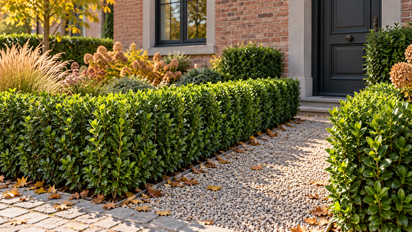 Volwassen lage Green Spire-haag als groene afboording langs een tuinpad