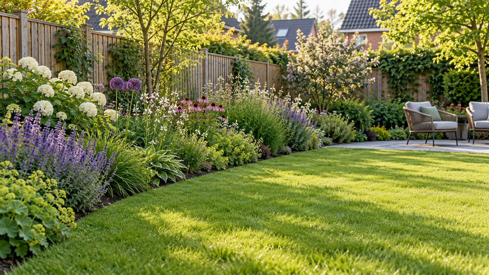 Bloemrijke sierborder met verschillende plantvormen naast een terras
