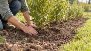 Tuinier vult grond geleidelijk rond een jonge haag aan