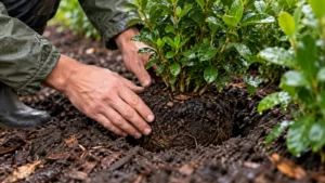 Tuinier controleert of een potkluit na regen is verschoven