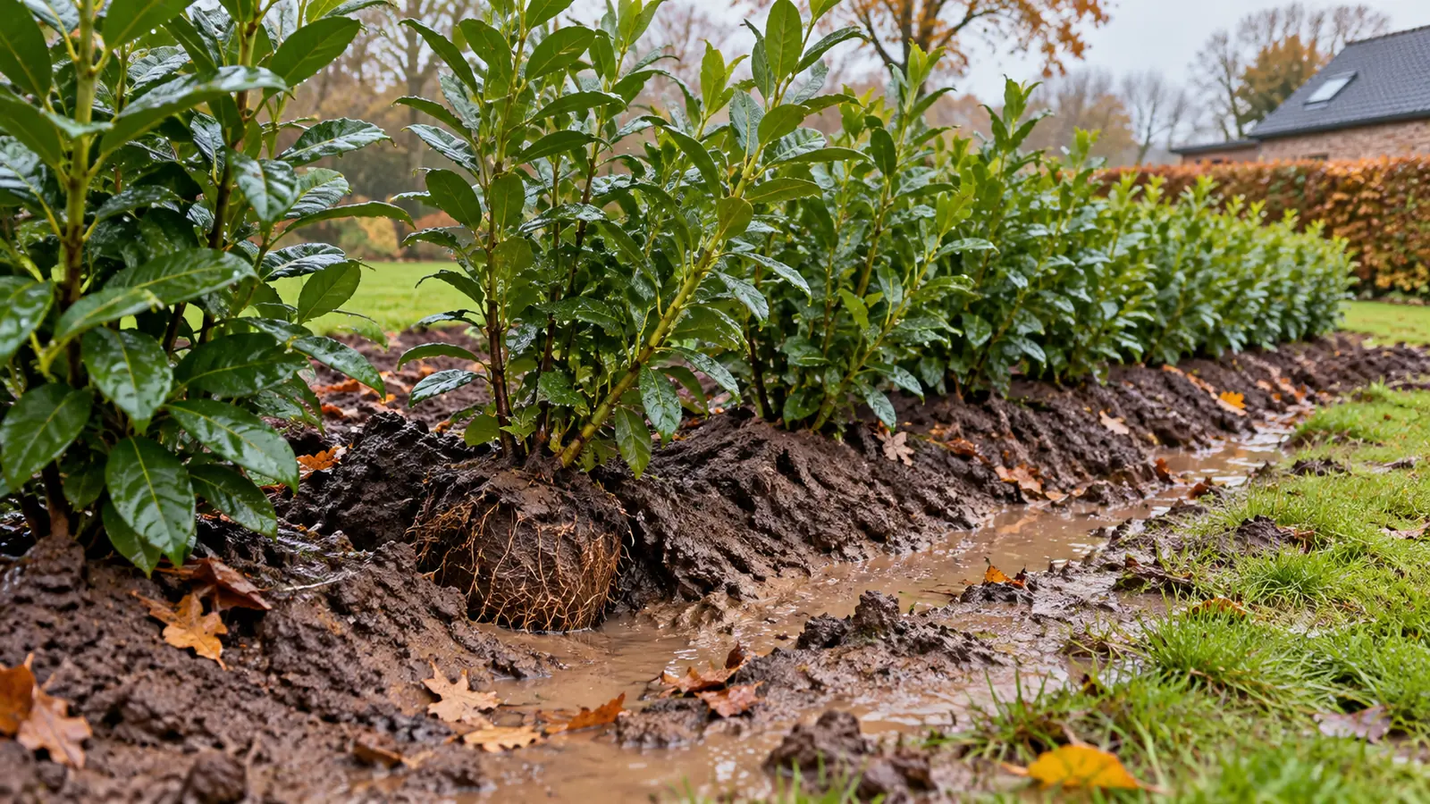 Blootgespoelde wortels bij een jonge haag na zware regen