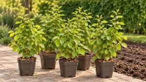 Illustratie van zes jonge Carpinus betulus-planten in pot als start voor een haag.