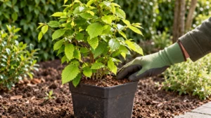 Een tuinier voelt aan de potgrond van een jonge haagbeuk in een zwarte kweekpot