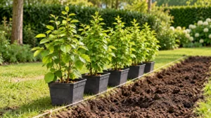 Jonge haagbeuken in pot staan verdeeld langs een gespannen plantkoord