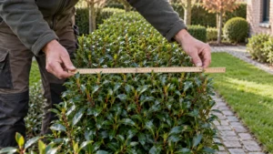 Tuinier controleert de breedte van een jonge Portugese laurierhaag