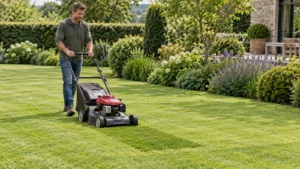 Tuinier maait een donkerder herstelplek op dezelfde hoogte als het gazon