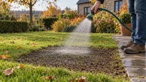 Een voorbereide zaai- of herstelplek voorzichtig fijn water geven