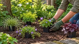 Jonge vaste planten met verschillende bladkleuren staan eerst in hun kweekpot op de grond
