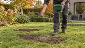Tuinier zaait een afgemeten kale plek in een bestaand gazon bij