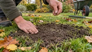 Tuinier zaait een kleine kale plek in een bestaand gazon bij