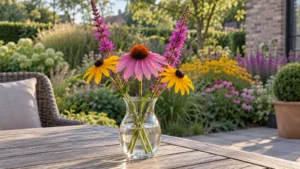 Klein boeket met Echinacea, Rudbeckia en paarse bloeiaren op een terras