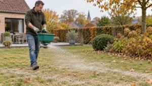 Tuinier strooit een bescheiden hoeveelheid korrelkalk over gazon