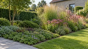 Vergelijking van een lage bodembedekkende border en een hogere gelaagde border in dezelfde tuin